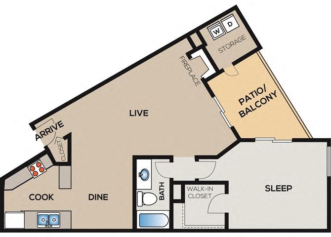 Floor plan for 1 bed, 1 bath, 832 sqft
